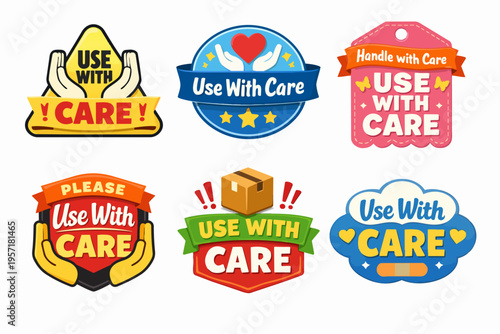 Use with care packaging labels collection, careful handling caution stickers, fragile shipping signs set