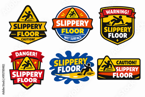Collection of slippery floor signs warning about wet surfaces, danger of falling accidents, and caution for safety