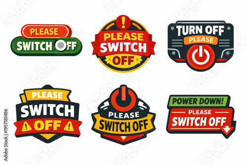 Collection of please switch off and power down labels and stickers promoting energy saving and electricity conservation