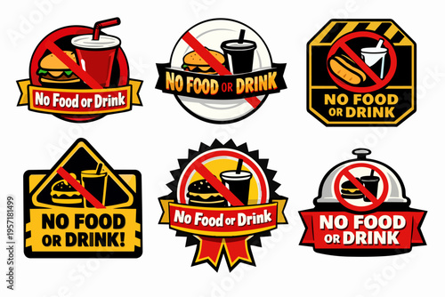 No food or drink prohibiting signs collection, forbidden eating and beverages, restriction icons