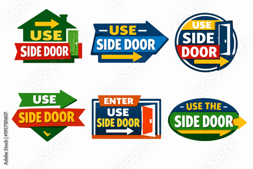 Use side door navigation signs collection directing visitors to alternative entrances, showing arrows and entrance symbols