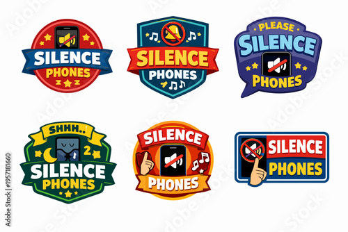 Collection of silence phones labels and badges, advising people to mute mobile devices and avoid noise