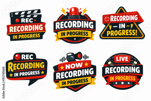 Recording in progress labels and live streaming badges set for multimedia production, podcast, and video content creating