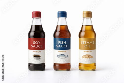 Three Asian Condiment Bottles Soy Sauce Fish Sauce and Sesame Oil on White Background