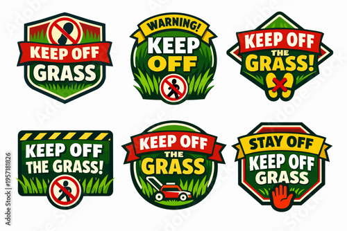 Keep off the grass signs collection promoting lawn protection and warning visitors about restricted areas