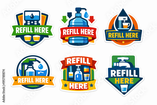 Water refill station badges, stickers, and labels encouraging sustainable hydration, reusing bottles for drinking water