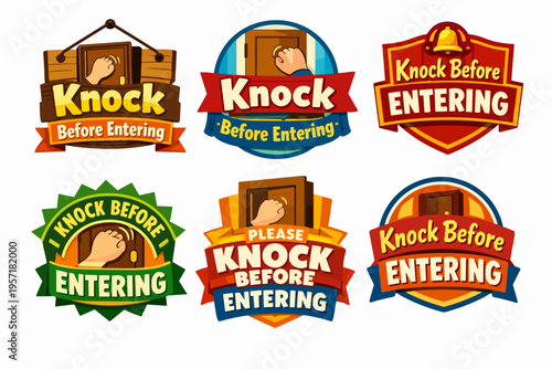 Knock before entering etiquette signs collection promoting privacy and respect, showing hands knocking on doors