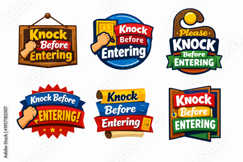 Collection of knock before entering door sign designs emphasizing privacy, respect, and proper etiquette
