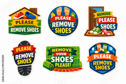 Collection of please remove shoes signs and stickers promoting home hygiene and respectful etiquette at entrance