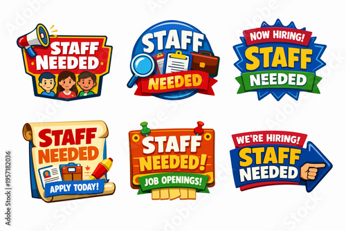 Staff needed badges and stickers set, offering recruitment and job openings for various employment opportunities