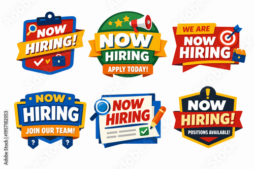 Now hiring badges with job vacancy and recruitment concepts for employment opportunity announcements