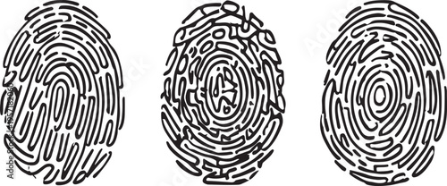 Three black ink fingerprint patterns on a white background
