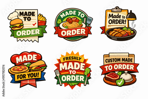 Freshly made to order food badges for restaurants, catering, and delivery services, offering custom meal icons