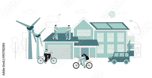 Ecology and the concept of green energy. People use green energy. Solar panels, wind turbines.eps