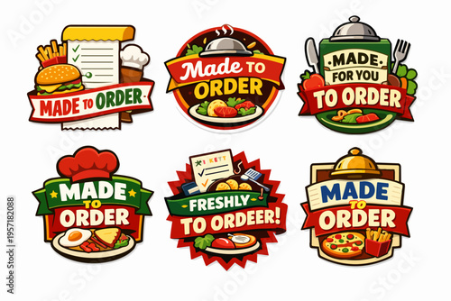 Custom food badges and labels showcasing fresh, hot meals and fast food prepared for delivery or takeout service