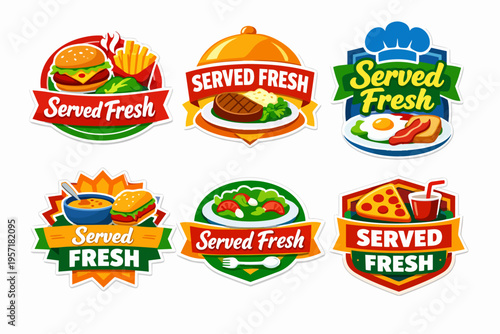 Set of fresh food labels and stickers, showcasing a variety of dishes including fast food, main courses, and light meals