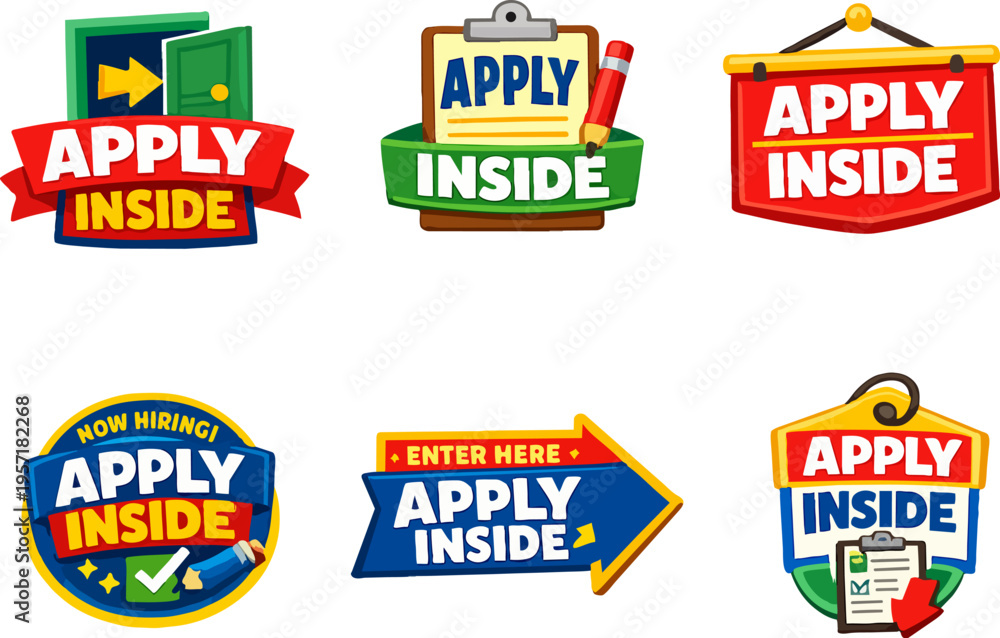 Obraz premium Vector illustration collection of vibrant apply inside signs indicating job vacancies, employment opportunities, and open positions