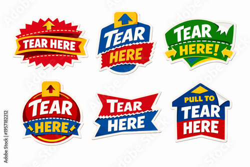 Packaging tear here instructions set, vector labels for easy open, pull to tear sign stickers