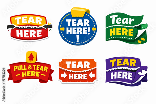 Collection of tear here labels with instructions for opening packages and products, including arrows and pull symbols