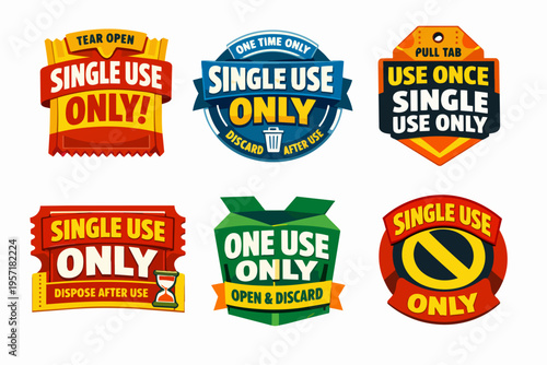 Single use only labels for packaging, emphasizing one time use, discard after use, and disposable product concepts