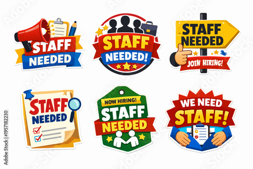 Staff needed stickers set, hiring and recruitment concept, looking for new employees and job vacancy announcements