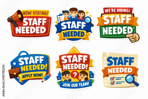 Staff needed, we're hiring, now hiring, join our team, and apply now job vacancy announcement stickers set