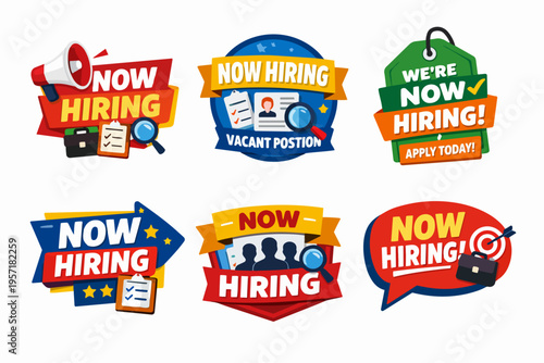 Now hiring and vacant position labels collection for job recruitment, employment, and career opportunities