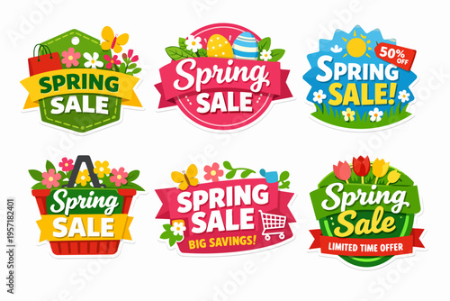 Spring sale tags collection offering discounts and promotions for seasonal retail marketing