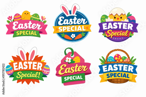 Easter special sale badges collection with decorated eggs, bunny ears, and chicks, promoting holiday discounts