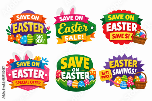 Easter sale labels collection providing discounts and special offers for holiday shopping and savings