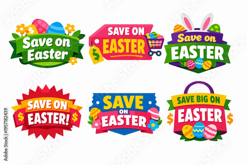 Easter sale badges collection offering holiday discounts and promotions, featuring eggs, bunny ears, and shopping elements