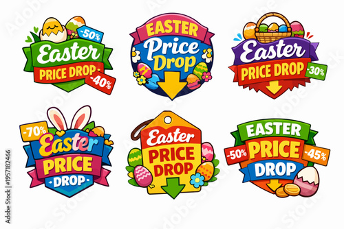 Easter price drop sale badges offering discounts, promotions, and special offers with colorful eggs and bunny ears