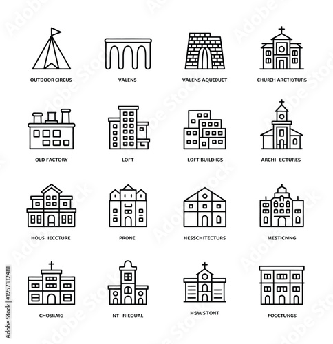 Collection of vector icons representing various architectural structures including churches, factories, and residential buildings in a simple line art style
