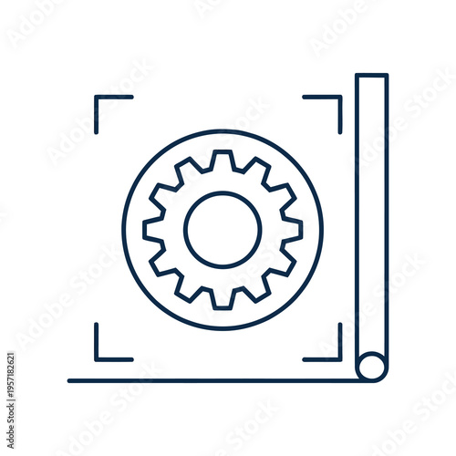 Blue vector icon representing a gear being measured with a ruler for precision