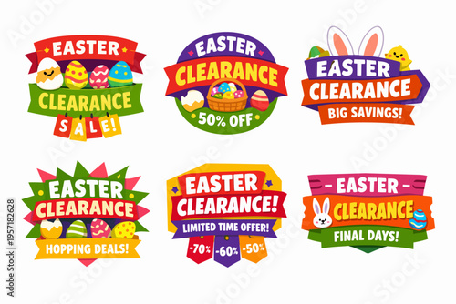 Easter clearance sale labels and discount banners with eggs, bunny ears, and chick, perfect for holiday marketing