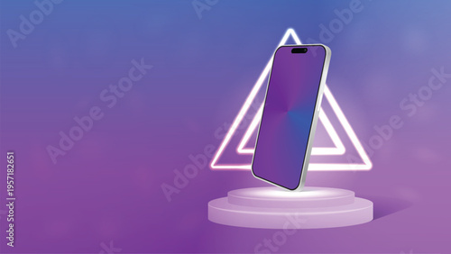 3D Smartphone Mockup on Neon Stage Podium Purple Gradient Background Mobile App Display Showcase Futuristic UI Presentation Vector Illustration