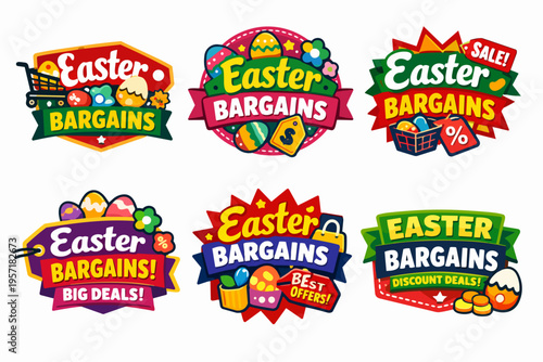 Easter bargains collection featuring promo labels and discount tags for holiday shopping events and special offers