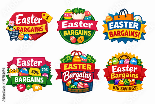 Easter bargains collection featuring eggs, shopping cart, discounts, and money, promoting seasonal sales event