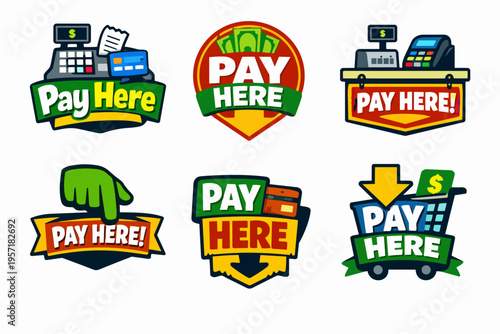 Collection of pay here labels and signs, indicating payment locations and guiding customers to complete transactions