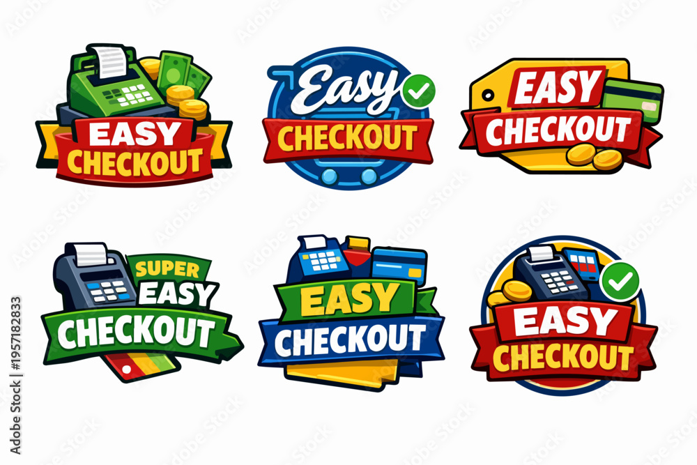 Naklejka premium Easy checkout badges set with cash registers, credit cards, coins, and shopping cart symbols for fast online or retail payments