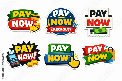 Pay now button sticker collection for online shopping, retail store, and e-commerce payment transaction concept