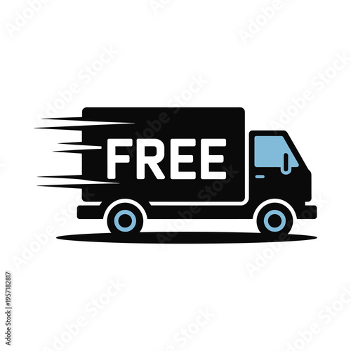 Vector of a black delivery truck with the word free written prominently on its side, driving quickly