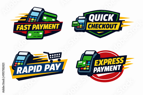 Fast payment and quick checkout badges with pos terminals and credit cards promoting rapid express transactions