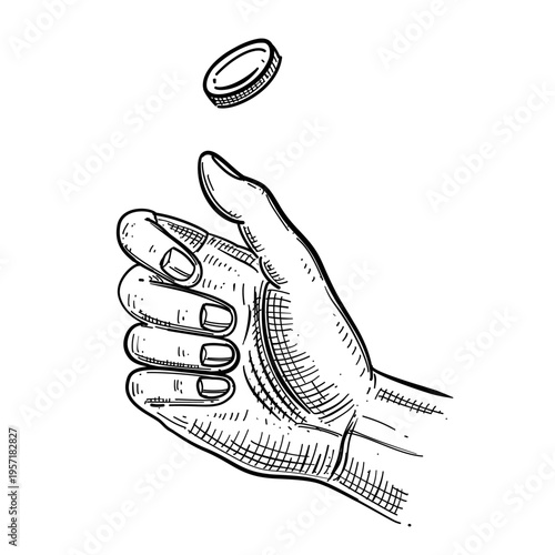 Billede på lærred hand flipping coin heads or tails vector line art hand drawn illustration