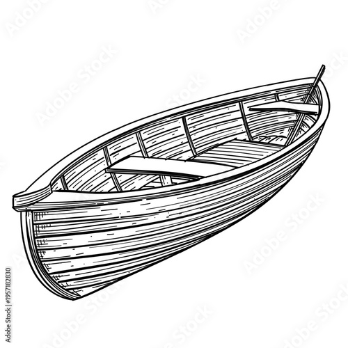 wooden rowing boat vessel vector line art hand drawn illustration