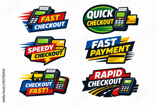 Colorful vector design set of fast checkout and quick payment icons with pos terminals and credit card illustrations