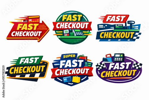 Fast checkout badges and emblems, representing quick payment, retail efficiency, and shopping convenience