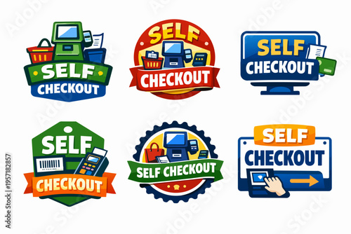Self checkout system logos and icons, indicating automated payment and modern retail solutions for markets and stores