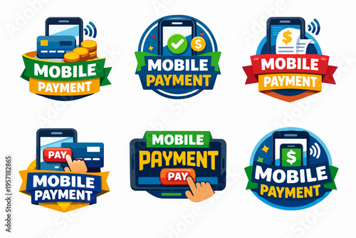 Mobile payment methods collection featuring smartphones, credit cards, and digital wallet icons for online transactions