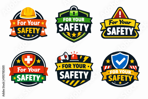 Vector safety badge collection featuring various symbols for health, secure environments, and occupational well-being